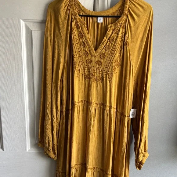 Old Navy Mustard Yellow Long Sleeve Embroidered Tiered Dress - Picture 1 of 8